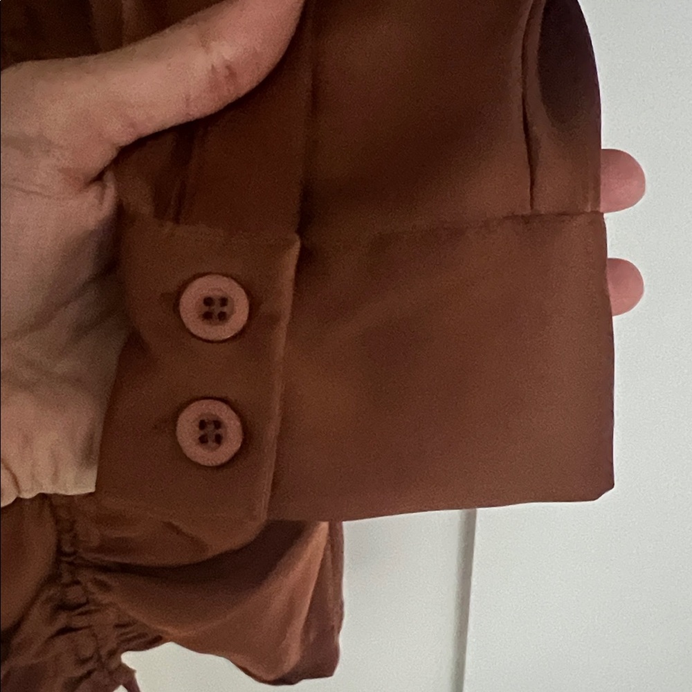 Mable Brown Satin Rouched Mini Dress Size Small - Picture 6 of 7